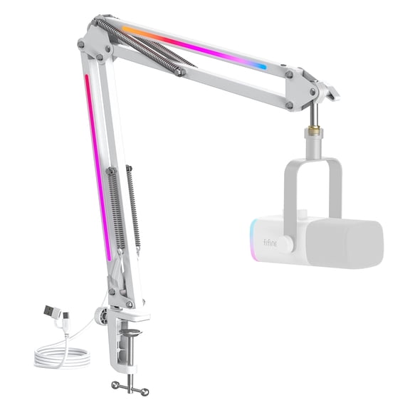 FIFINE RGB Heavy-Duty Boom Arm Stand for 3.3lb Microphone, 30 inch Adjustable Suspension Mic Arm with 3/8" to 5/8" Adapter, 2in Clamp Mount for Gaming/Streaming