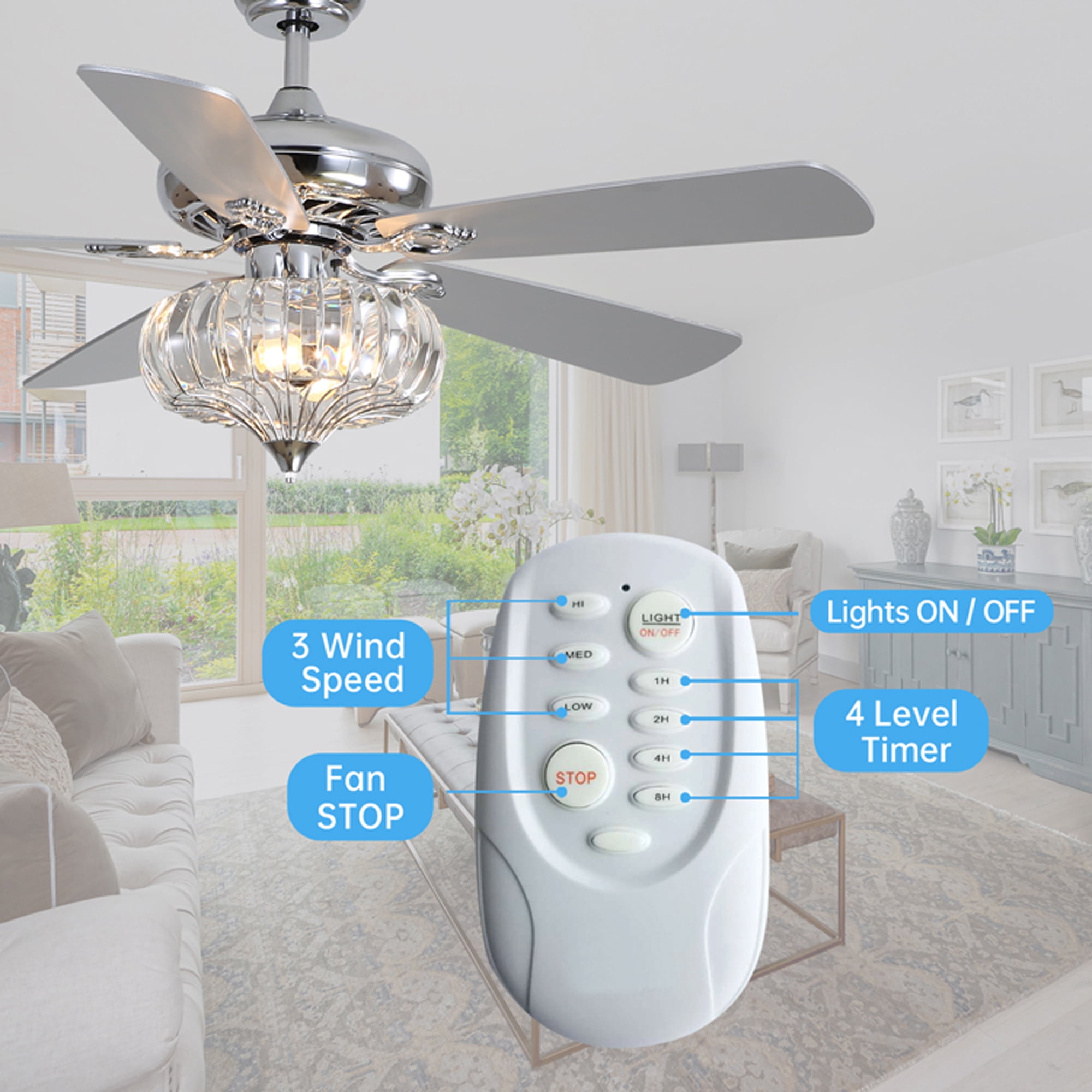 Details about   52" Retro Crystal Ceiling Fan Light Remote Control Chandelier Fan Reversible LED 