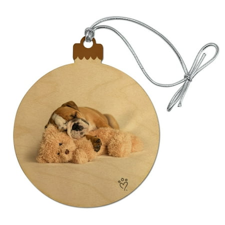 Teddy Bear Christmas Tree British Bulldog Puppy Dog Asleep with Teddy Bear Wood Christmas Tree Holiday Ornament ()
