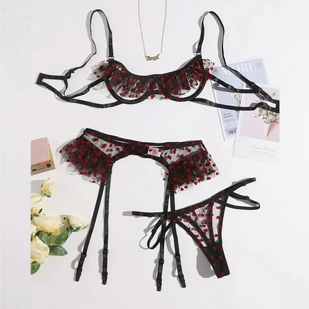 

DENGDENG Women See Through Bra Thong Set with Garter Belt Sexy Mesh Printed Hollow Out Three Piece Babydoll