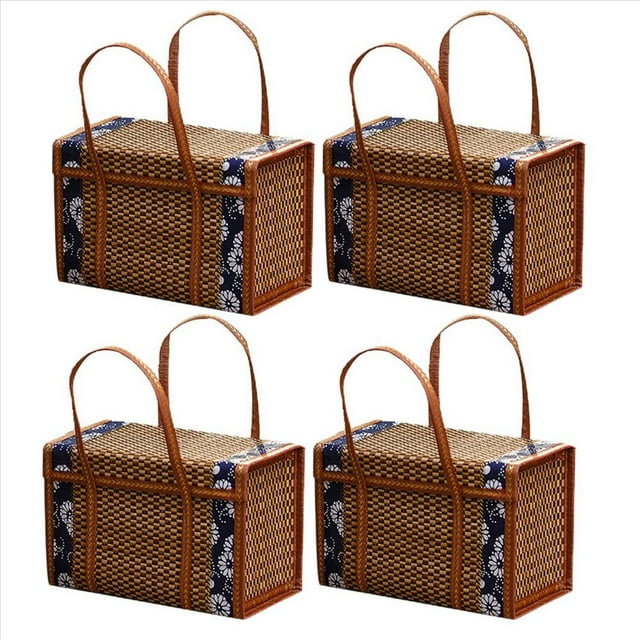 4X Cesta Tejida para Picnic, Bolsa de Almacenamiento de Mimbre con Asa, Cesta de Bambú Plegable con Asa para Compras de Frutas y Alimentos, Cesta de Bambú Plegable B