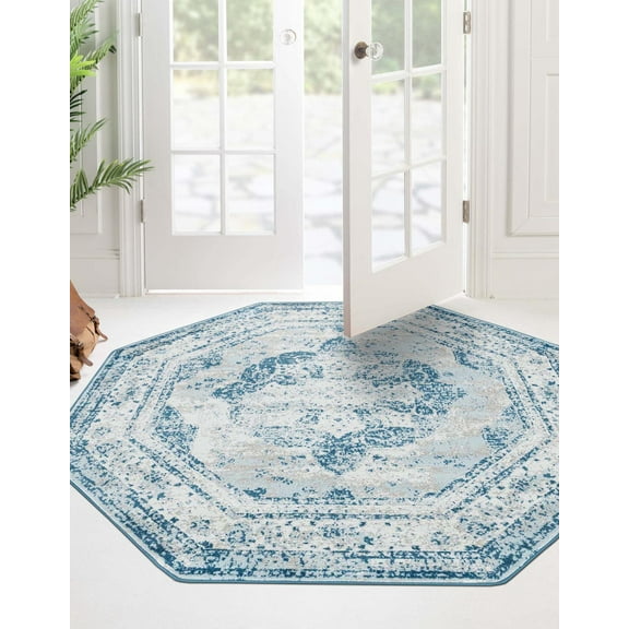 Rugs.com Monte Carlo Collection Rug – 4' Octagon Blue Medium Rug Perfect For Living Rooms, Kitchens, Entryways