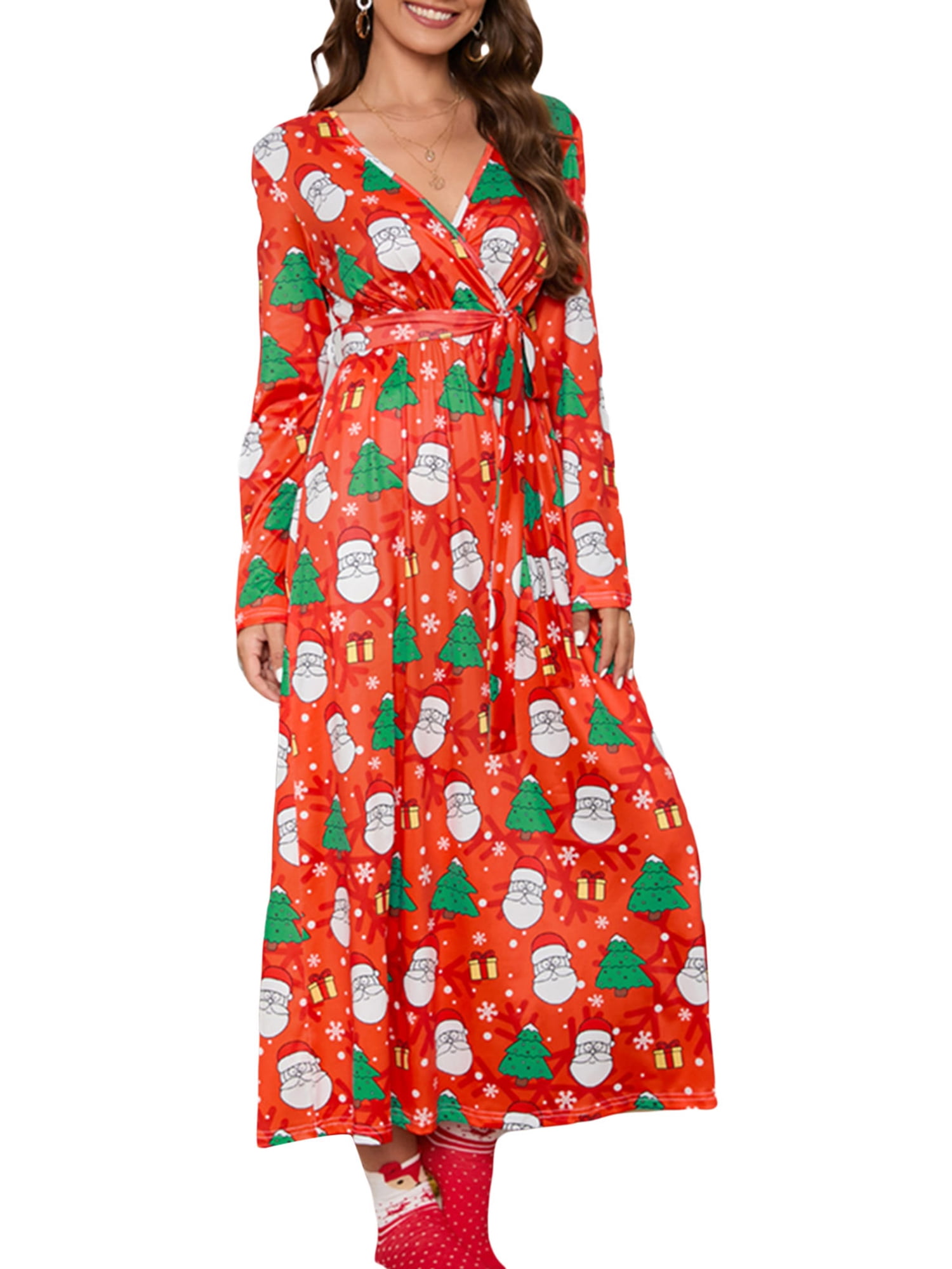 Christmas Cartoon Pattern Striped Long Sleeves Dress