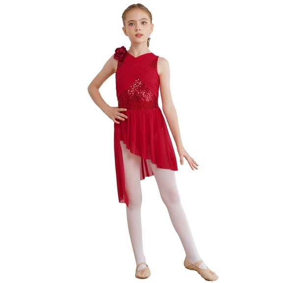 Haitryli Kids Girls Lyrical Dance Costume Shiny Flower Ballet Gymnastics Leotard Dress Ballerina Dancewear Burgundy 8