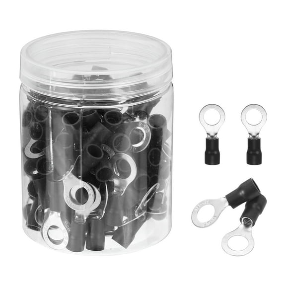 Uxcell 100Pcs Insulated Ring Terminal RV5.5-8 Battery Lugs 12-10AWG Electrical Crimp Terminals Eyelet Wire Connectors for Industrial, Electrical Wiring, Black