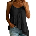 thumbnail image 3 of ClodeEU Women's Linen Blend Round Neck Spaghetti Strap Tank Top, Casual Pleated Asymmetrical Hem Blouse Black,Women's Plus L, 3 of 9