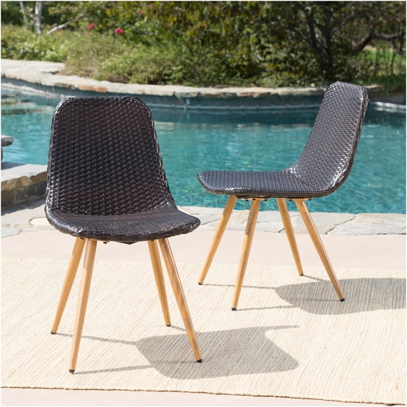 JERFIT 2-Piece Brown Multi Wicker Dining Chair Set for Patio, All-Weather PE Rattan & Iron Frame Outdoor Bistro Chairs with Heat-Transfer Legs