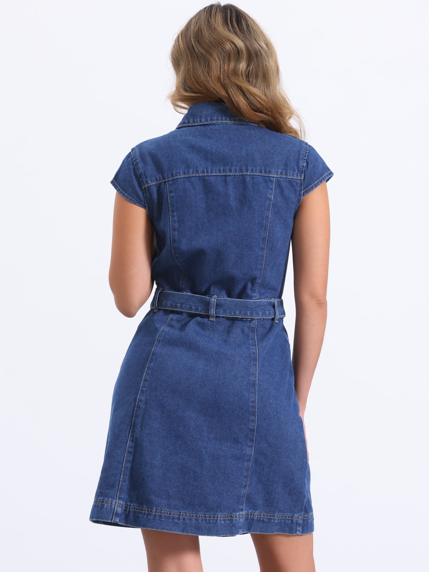 DARING DIVA Women's Cap Sleeve Belted Button Down V Neck Jean Shirt Dress S Dark Blue