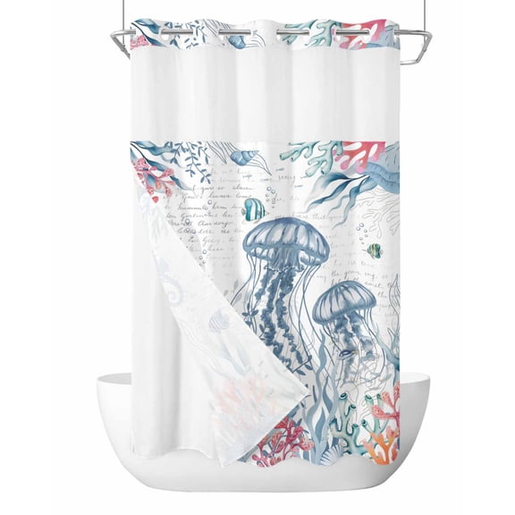 No Hook Shower Curtain with Snap-in Liner, Coastal Jellyfish Waterproof Fabric Bathroom Curtains, Summer Beach Nautical Ocean Coral Seahorse Bath Curtains & Mesh Top Window Stand Up Stall 36"x72"
