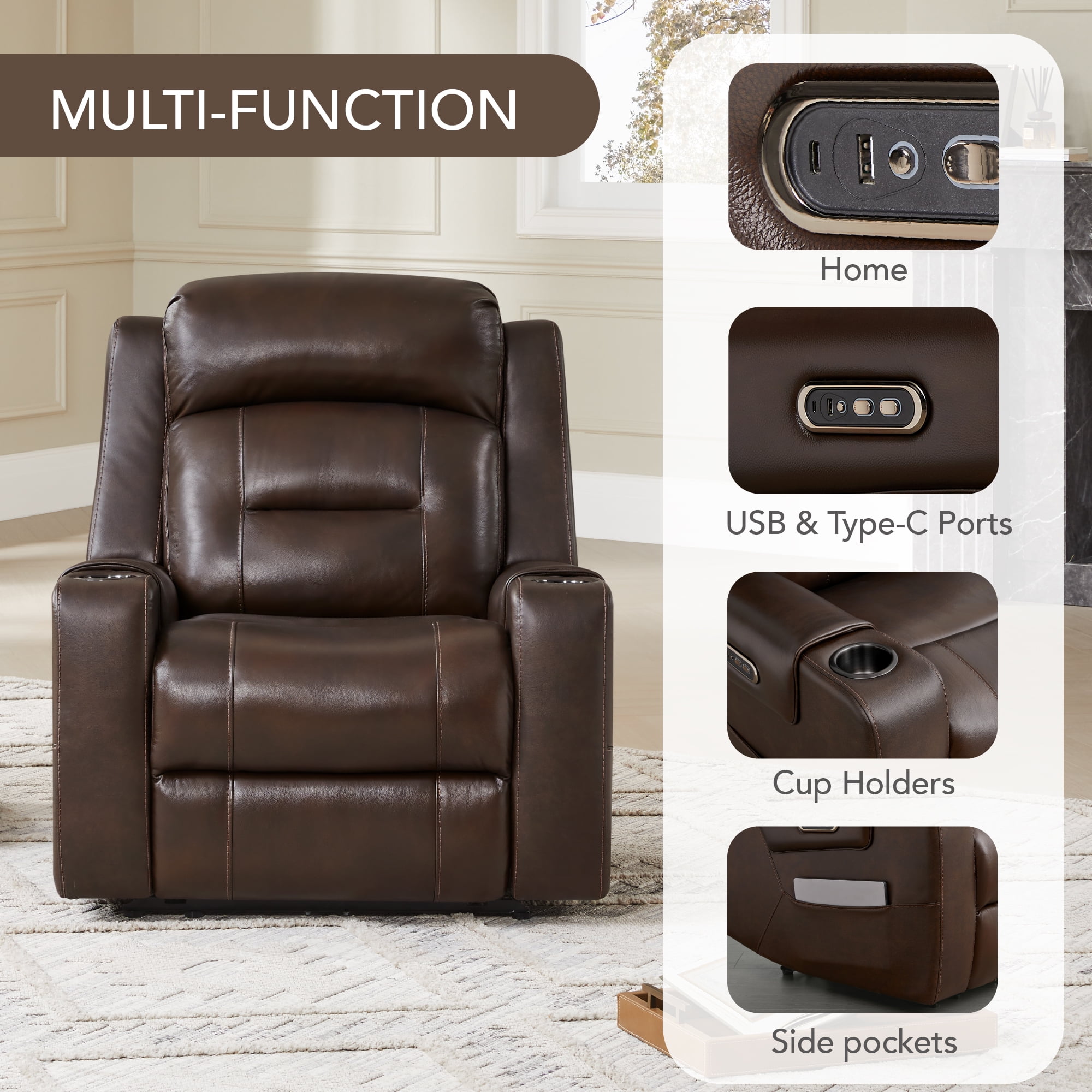 Spruce & Spring Lay-Flat Genuine Leather Power Recliner Chair with Headrest, Brown