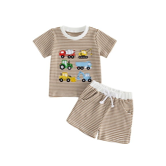 BemeyourBBs Toddler Baby Boys Summer Clothes Waffle Knit 2 Piece Outfits Excavator Truck Vehicles Embroidery Short Sleeve T Shirt Tops and Pockets Shorts Set