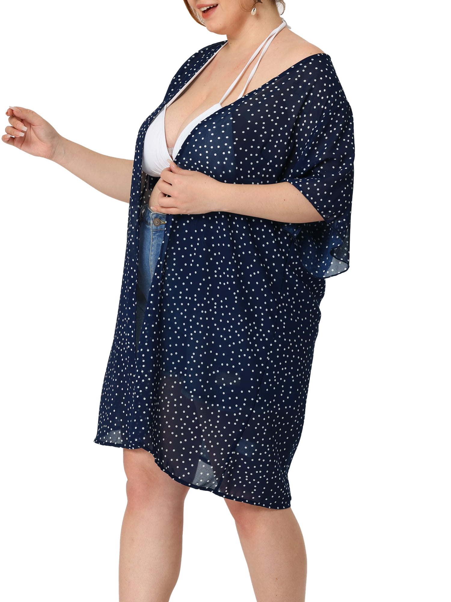 Unique Bargains Women's Plus Size Polka Dots Bell Sleeve Chiffon Summer Cardigans 1X Dark Blue