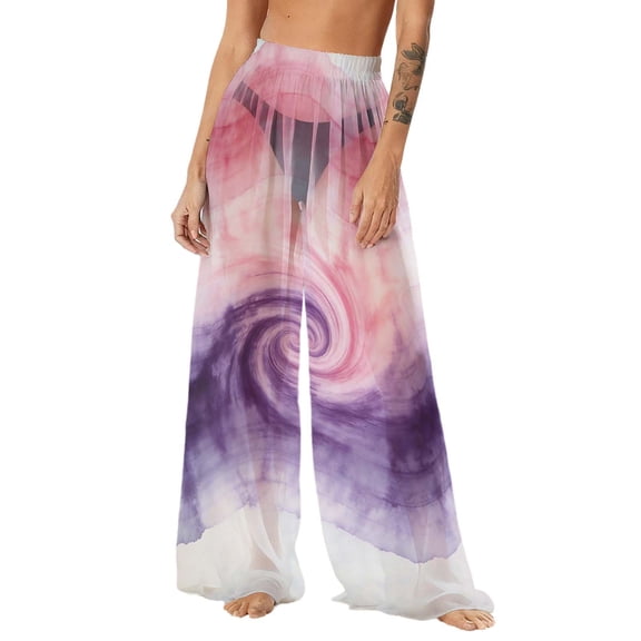 Gamivast Mesh Beach Cover up Pants for Women High Waisted Wide Leg Sheer Swimsuit Bottoms Tie Dye Bathing Suit Trousers Summer Vacation Pool Outfits