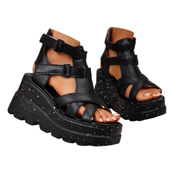 IUJSOY Womens Platform Sandals Caged Open Toe Ankle Strap Wedge Sandals Chunky Heel Pumps Dress Shoe