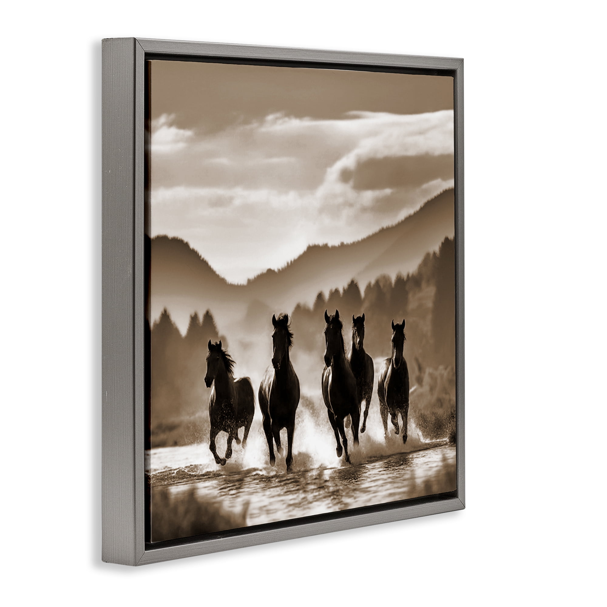 Stupell Industries Splashing Canyon Stallions Animals Painting Gray Floater Framed Canvas Art Print Wall Art, 25 x 25