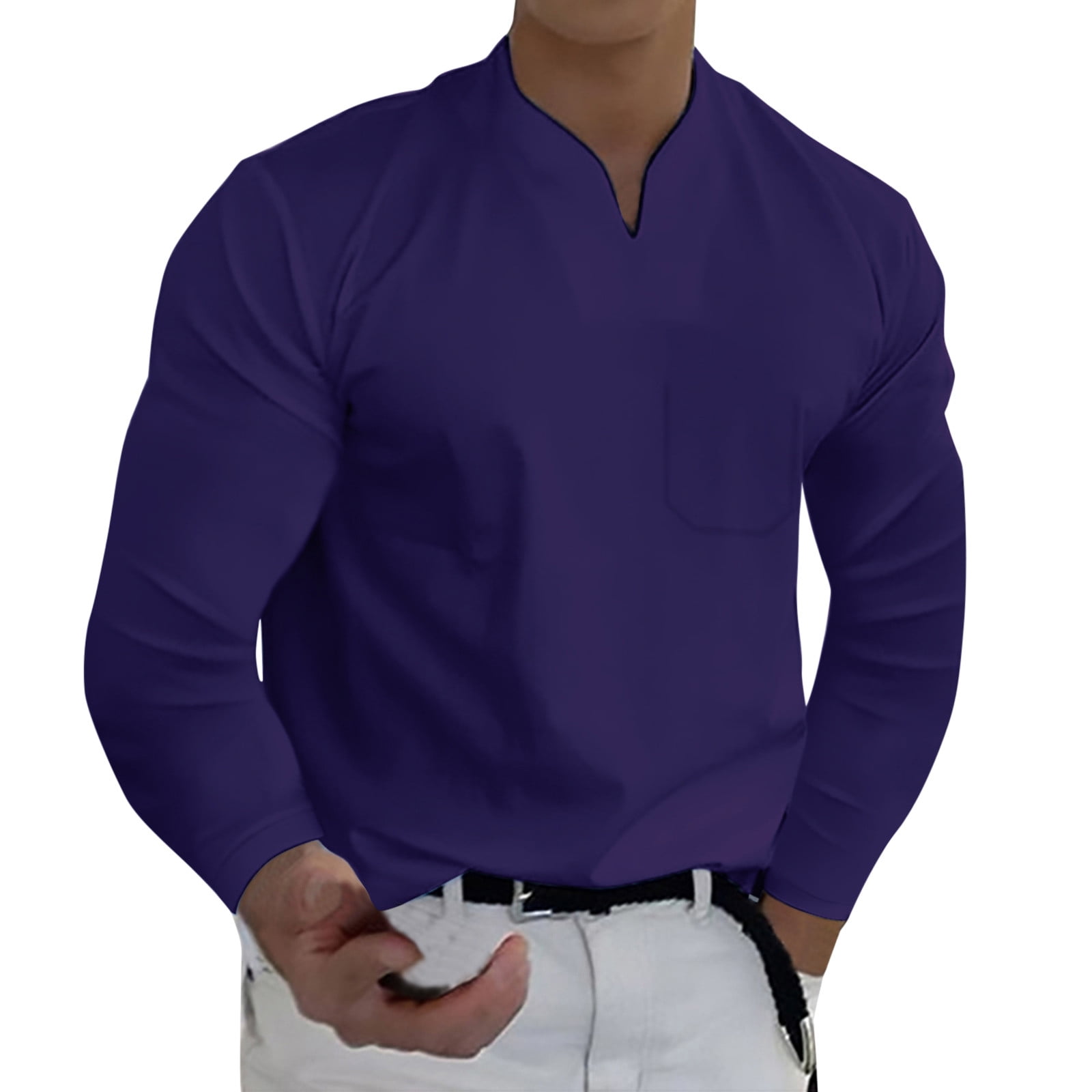 Men's T-Shirt Men Spring Casual V-Neck Solid Long Sleeve Tee Shirt Top ...