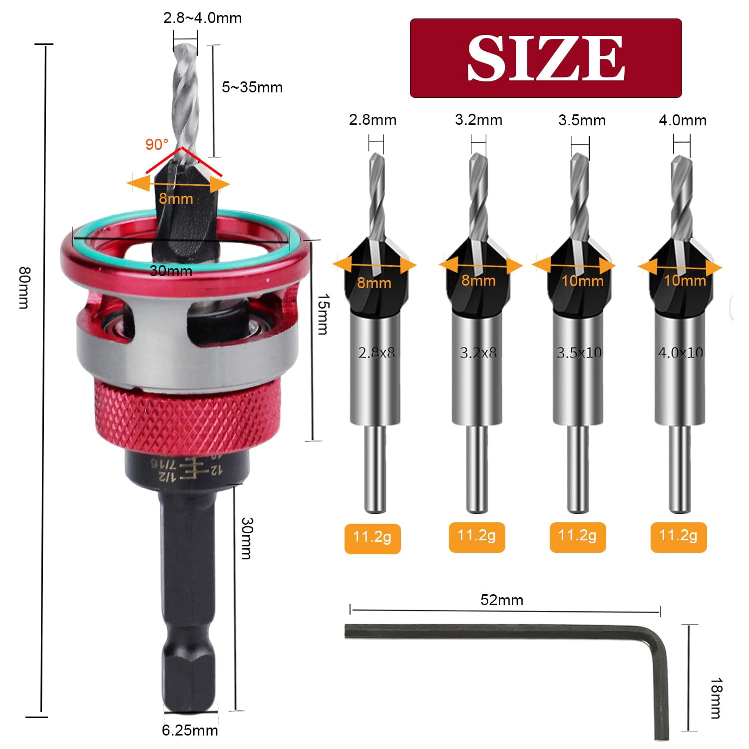 Countersink Drill Bit Set with Depth Stop, 1/4" Quick Change Hex Shank, Aluminum Alloy Stop Collar, HSS M2 Bits Head & Hex Wrench, Counter Sink Drill Bit for Wood for Wood, Plastic, Woodworking,A