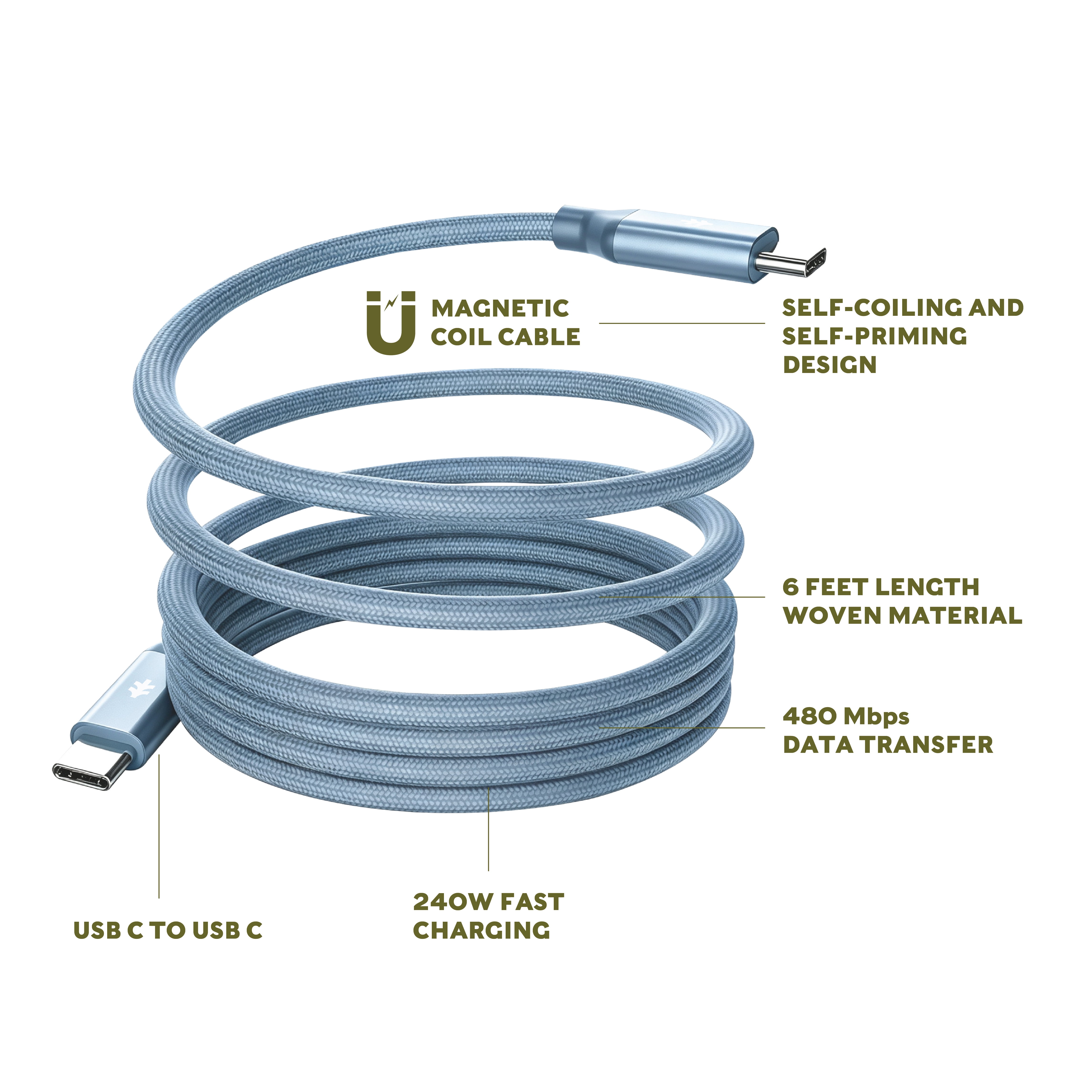 Swiss Tech Kabel M240 6 ft 240W Magnetic Self-Coiling USB-C Charging Cable, Cresta Blue