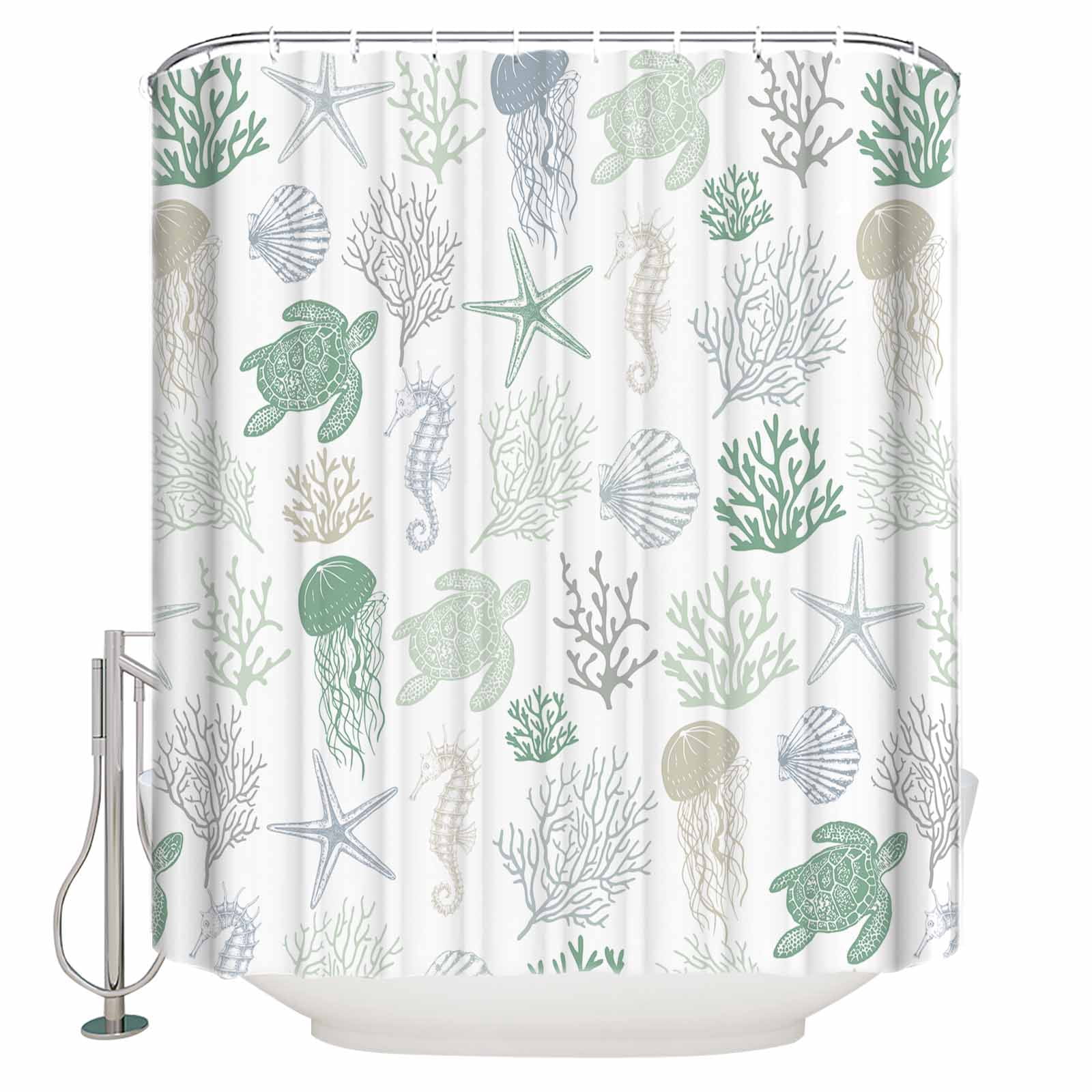 Green Coastal Waterproof Fabric Shower Curtain, Nautical Summer Beach Coral Sea Turtle Shower Curtain for Bathroom Curtains Bathtubs Hotel Washable Shower Curtains with 12 Hooks Long 72x78in