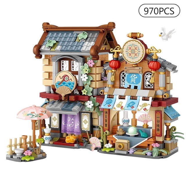 Street View Series Building Blocks Set, Izakaya Shaved Ice Takoyaki Coffee & Panda Tea House DIY Model, Creative Assembled Scenery Bricks Decor Toy Gift for Kids