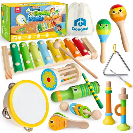 Coogam Wooden Musical Instruments for Toddlers, Tambourine Xylophone Castanet Flute Maracas Playset, Wood Percussion Rhythm Music Toy, Montessori Educational Learning for 1 Years Old