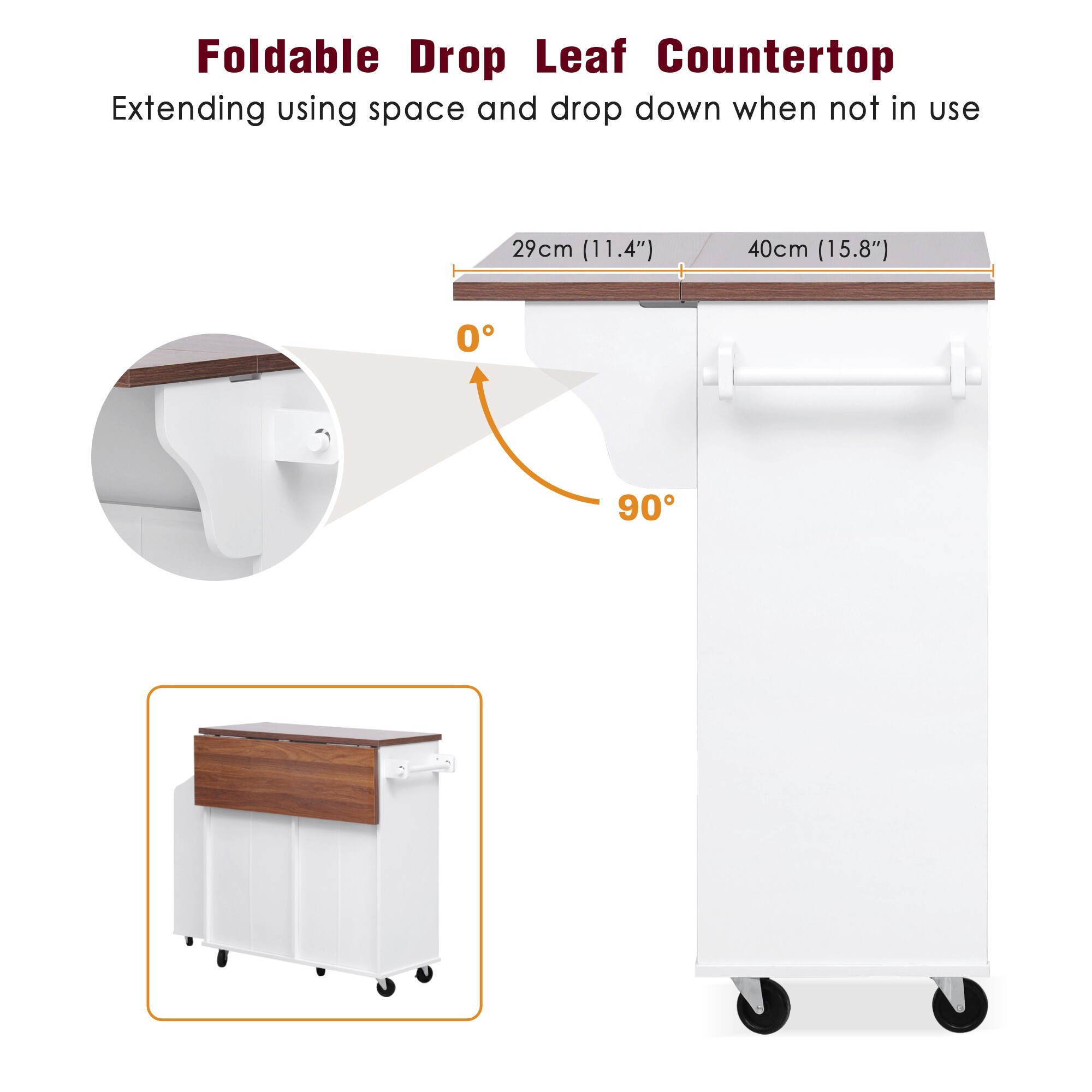 AENKYO 47.2" Farmhouse Kitchen Island with Removable Side Shelf, Tilt-Out Trash Bin, Storage Cabinet & Drawers, White