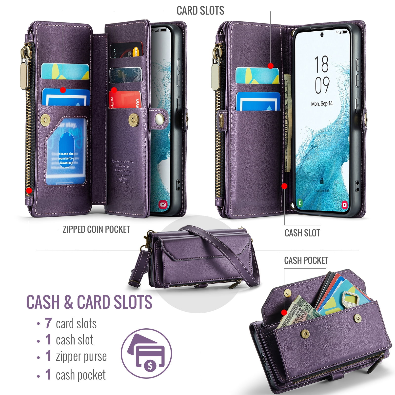 Asuwish Compatible with Samsung Galaxy S22 5G Zipper Wallet Phone Case Tempered Glass Screen Protector Crossbody Lanyard Strap Flip Card Holder Slot Cell Cover for S 22 22S 4G G5 6.1 Women Purple