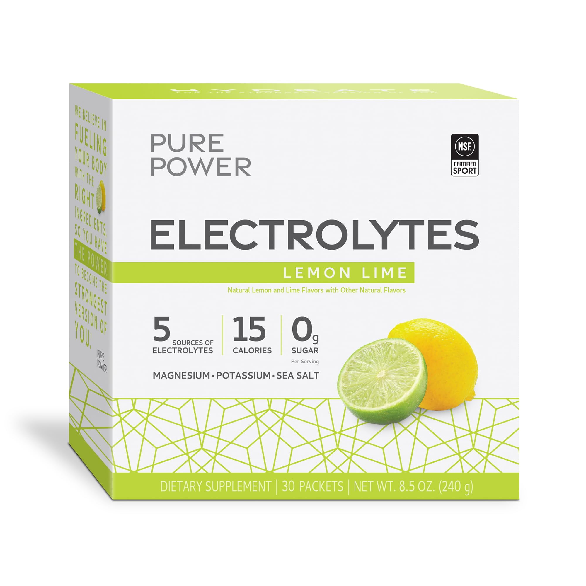 Dr. Mercola Pure Power Electrolytes, Lemon Lime, 8.5 oz (240 g), 30 Servings (30 Packets), 15 Calories and 0g Sugar Per Serving