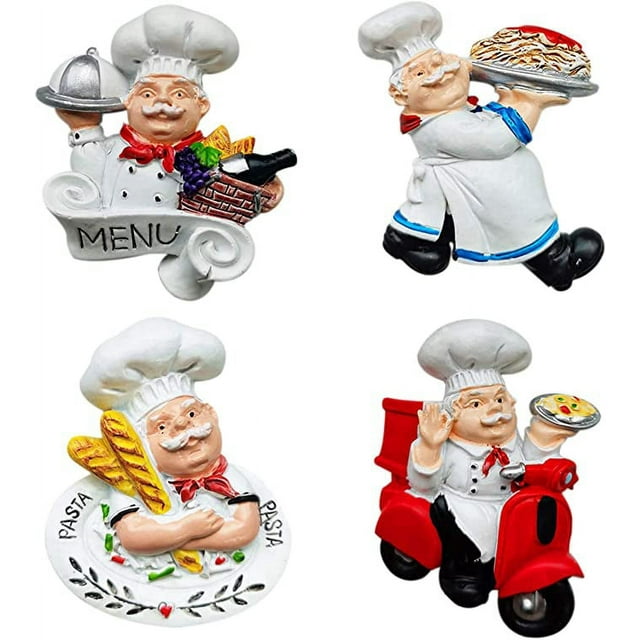 JM Paquete de 4 imanes italianos para nevera de chef gordo, linda figura de chef, decoración de estatua para el hogar, cocina, restaurante, divertidos accesorios de decoración de nevera de panadero de resina 3D JM