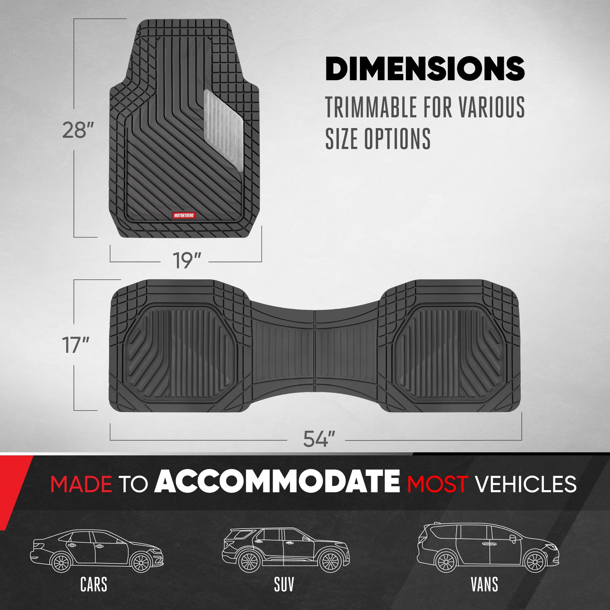 Motor Trend MetallicGuard Car Floor Mats Full Set - Durable Rubber Floor Mats with Silver Metallic Heel Pad, All-Weather Interior Protection for Front and Rear with Non-Slip Backing