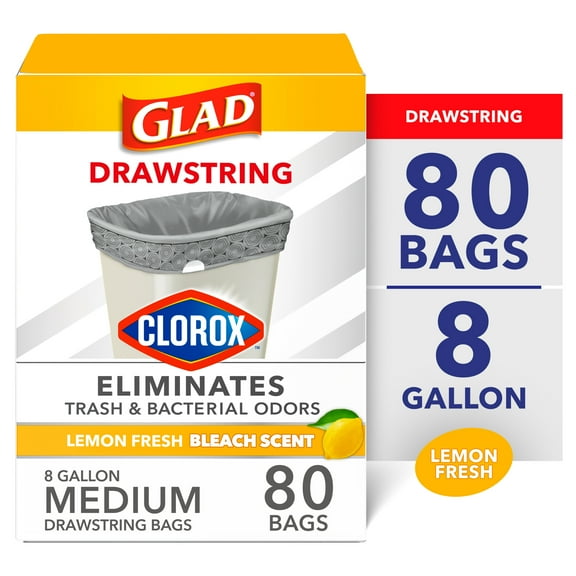 Glad Medium Drawstring Trash Bags, 8 Gallon, Lemon Fresh Bleach Garbage Bags, 80 Count