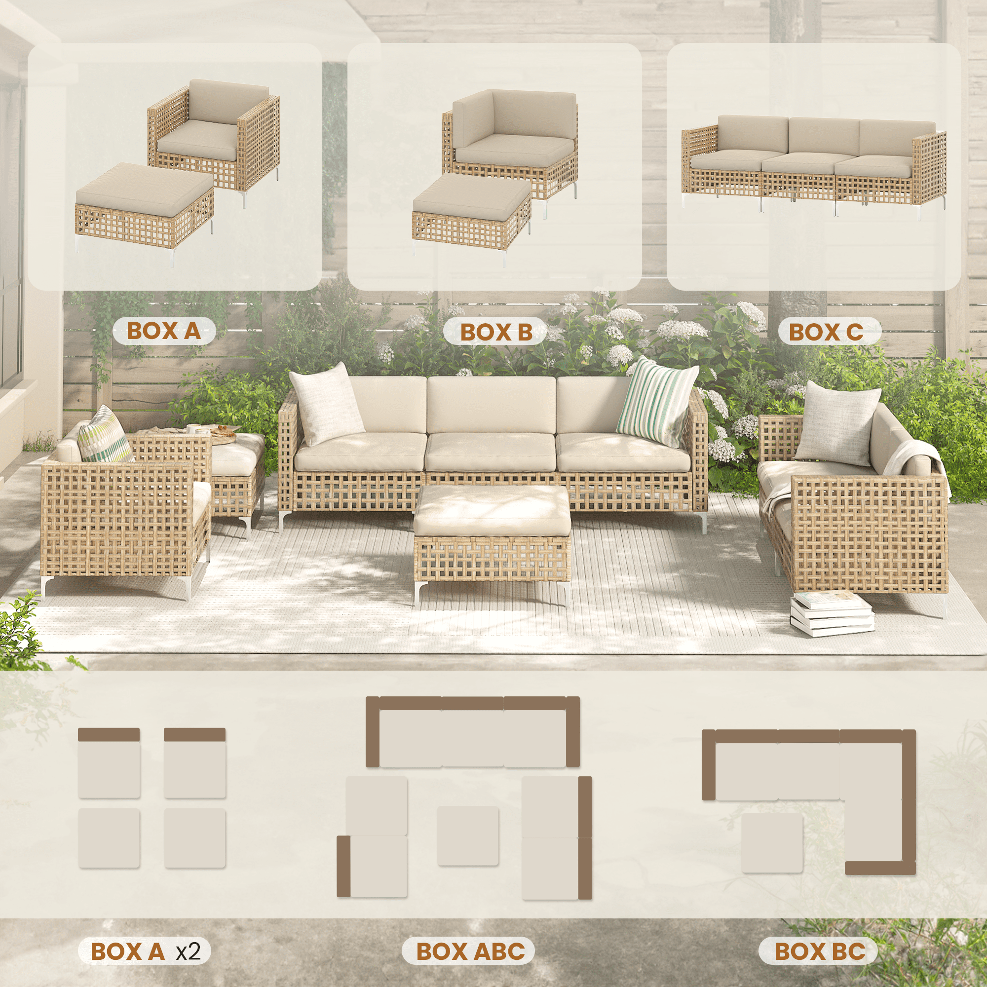 YODOLLA 8-Piece Patio Furniture Set, Boho Style Rattan Wicker Sectional Sofa Couch Outdoor Conversation Set with Table In Beige