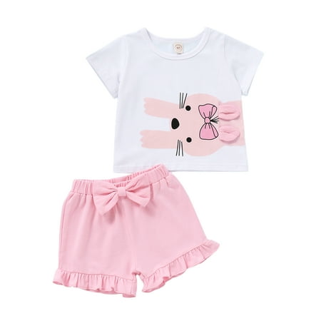

Listenwind Toddler Baby Girls 2PCS Summer Suit Short Sleeve O-Neck T-Shirt + Elastic Waist Short Pants Casual Outfit