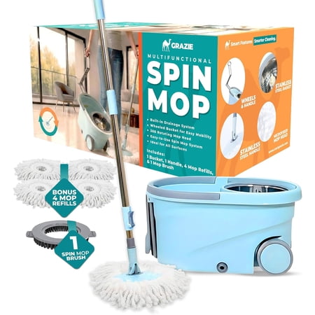 Spin Mop & Bucket Set - 360° Self-Wringing System with Wheels, Stainless Steel Handle Hands-Free Floor Cleaning for Hardwood, Tile, Laminate Includes 4 Washable Microfiber Head Refills