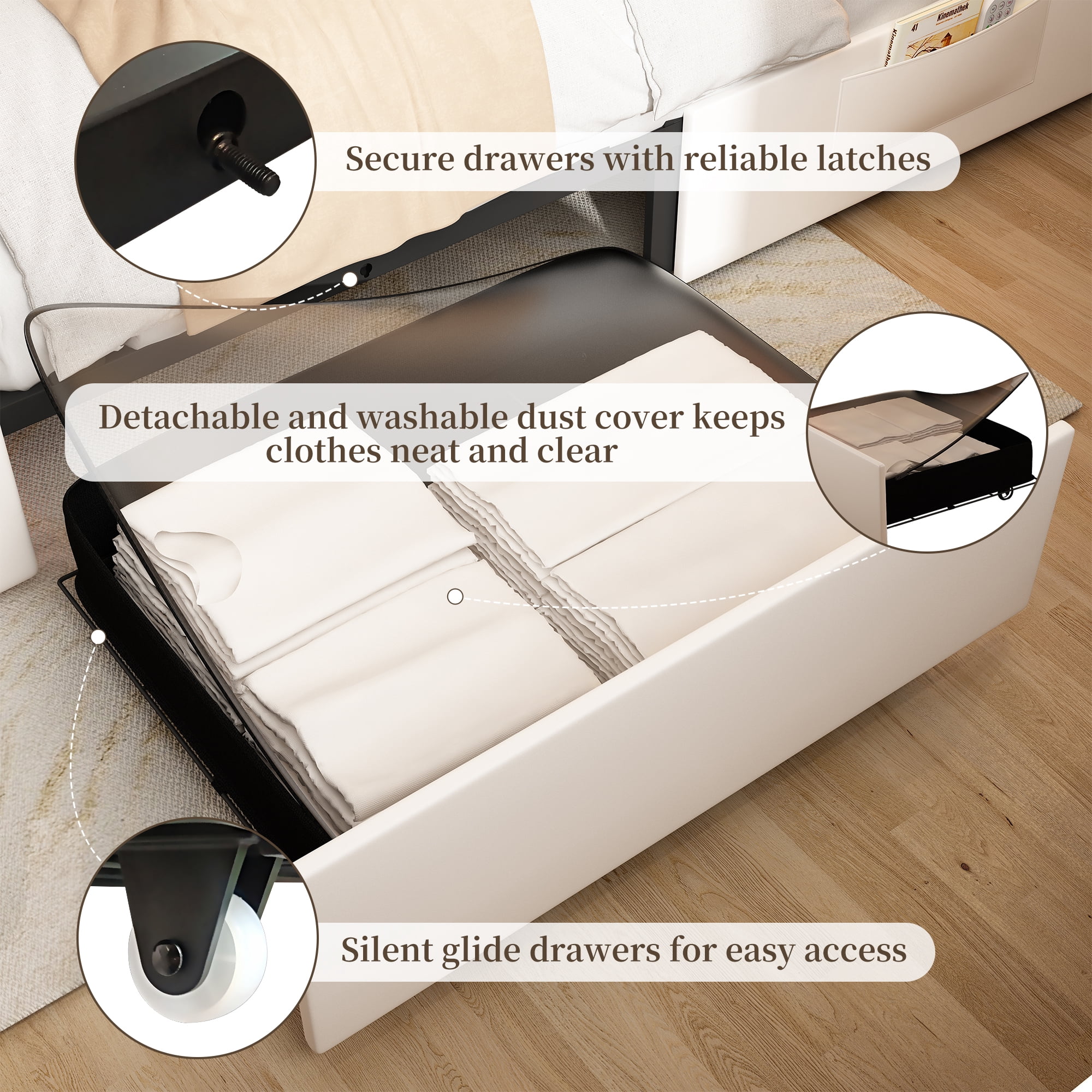 SIBEDS Full Upholstered LED Bed Frame with 2 Storage Drawers, PU Leather White Diamond Tufted Headboard, RGB Lights, Noise Free, No Box Spring Needed
