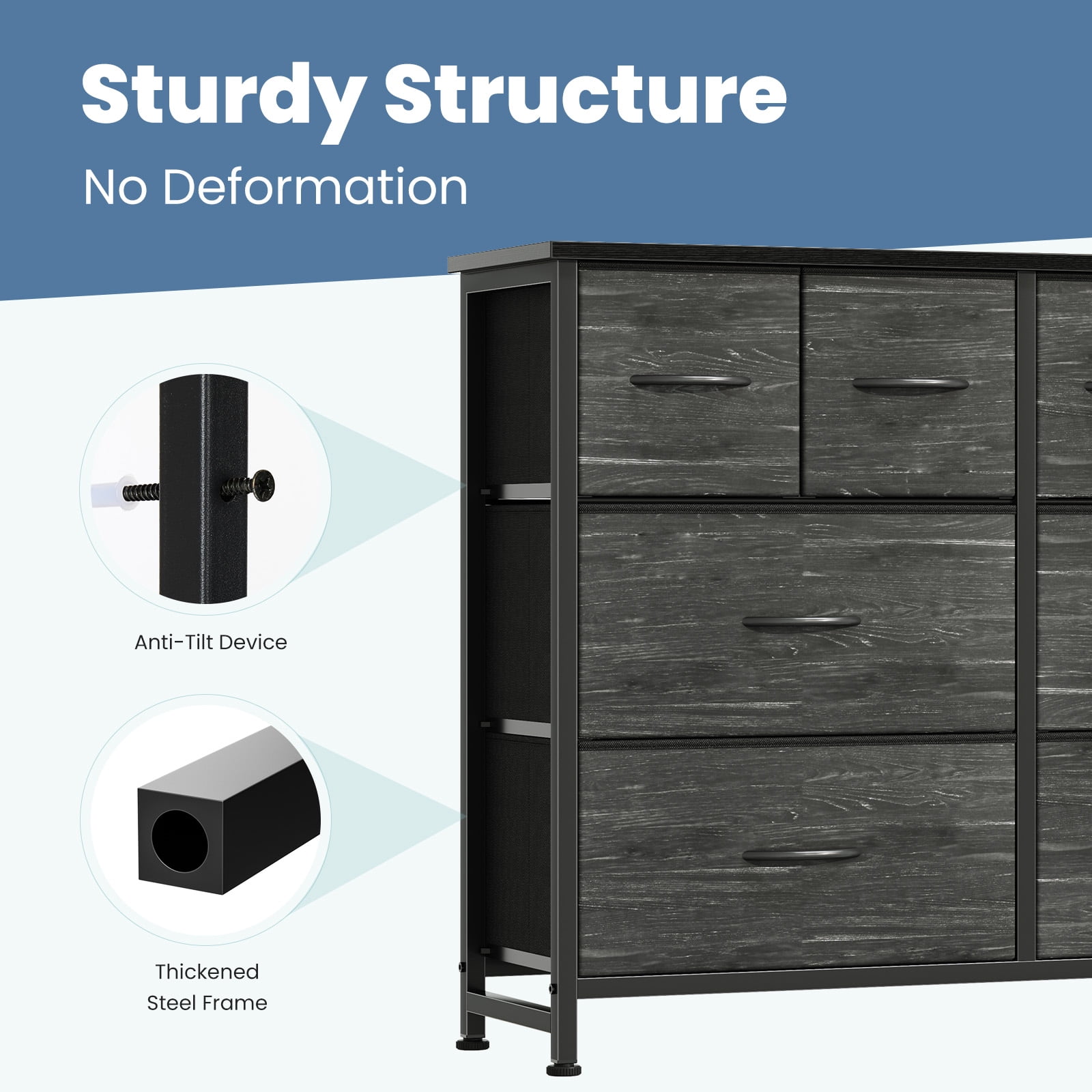 CONCETTA 8-Drawer Fabric Dresser, Wide Chest of Drawers, TV Stand for Bedroom, Living Room, Black Wood