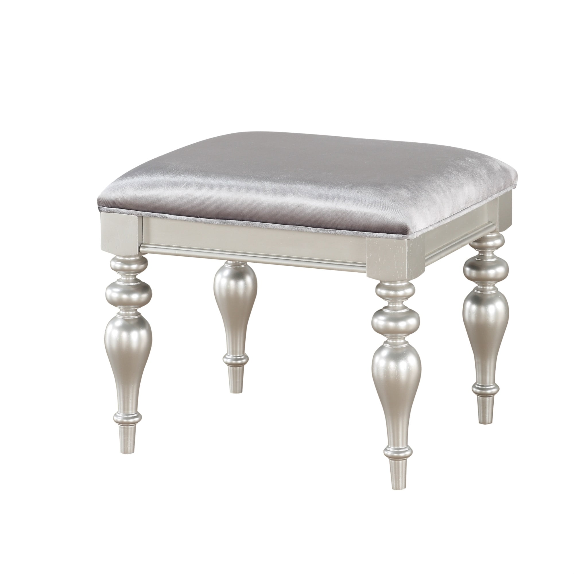 Fabric Upholstered Wooden Vanity Stool With Bubble Turned Legs Silver Com Fabric Upholstered Wooden Vanity Stool, Silver Leg Vanity Stool