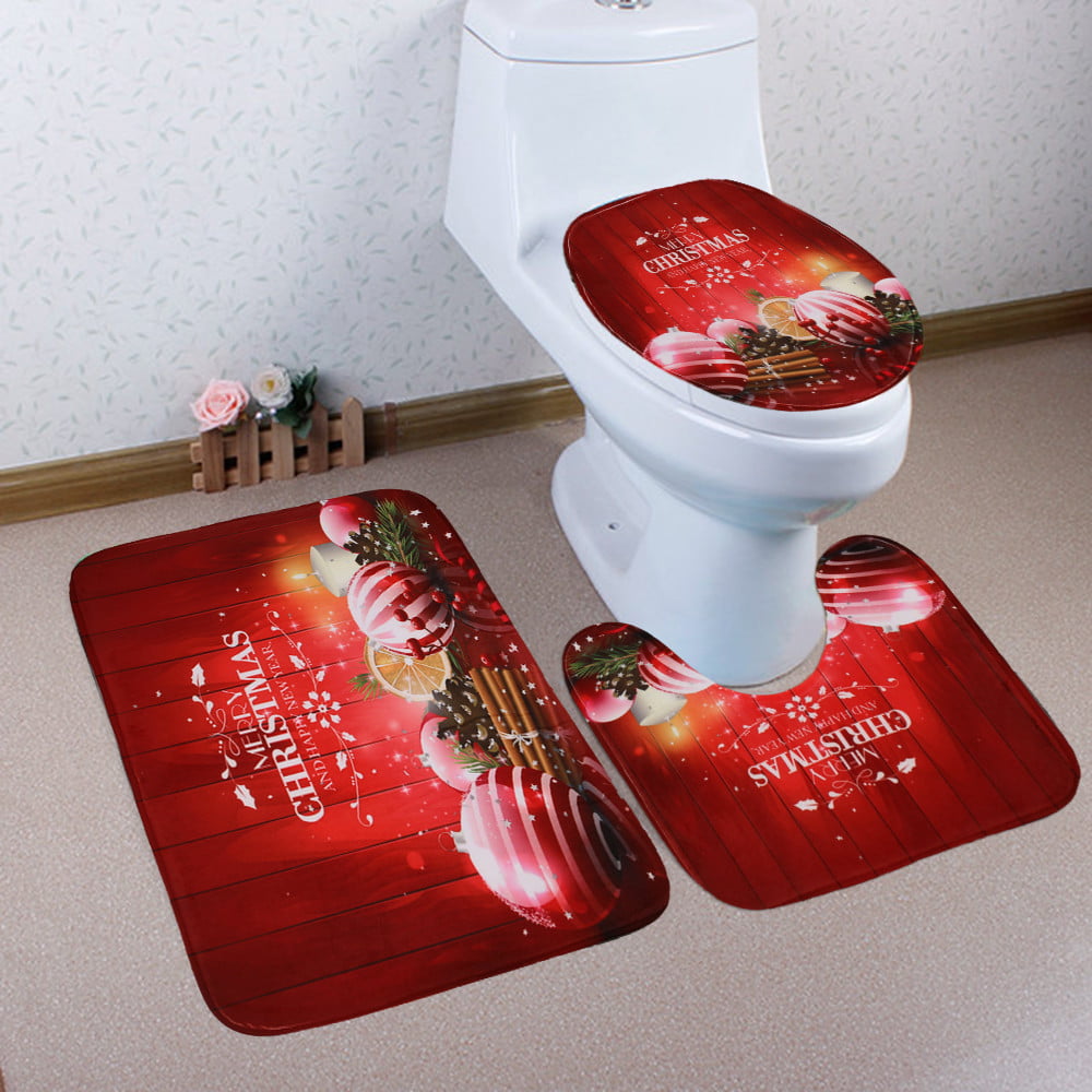3PCS Bathroom Mat Toilet Rugs Covers Sets Xmas Marine Style Anti Slip Washable 
