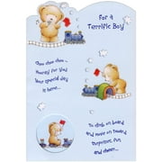 Designer Greetings Bear with Red Flag Playing with Trains Die Cut Window Juvenile : Kids Birthday Card for Young Boy
