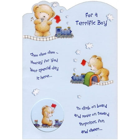 Designer Greetings Bear with Red Flag Playing with Trains Die Cut Window Juvenile : Kids Birthday Card for Young Boy