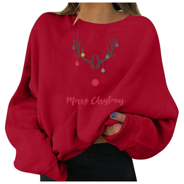 Aocisk Chandail à Col Rond à Manches Longues pour Femme avec Imprimé Graphique de Noël, Haut Décontracté à Motif Festif Rouge G