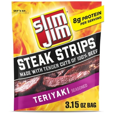 Slim Jim Smoked Steak Strips, Teriyaki Flavor, 8g Protein Per Serving, 3.15 oz.