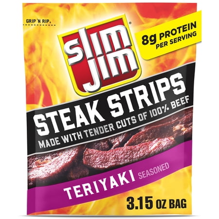 Slim Jim Smoked Steak Strips, Teriyaki Flavor, 8g Protein Per Serving, 3.15 oz.