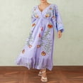 thumbnail image 3 of Women’s Boho Dress Long Sleeve Drawstring Waist Button A-Line Dress, 3 of 9