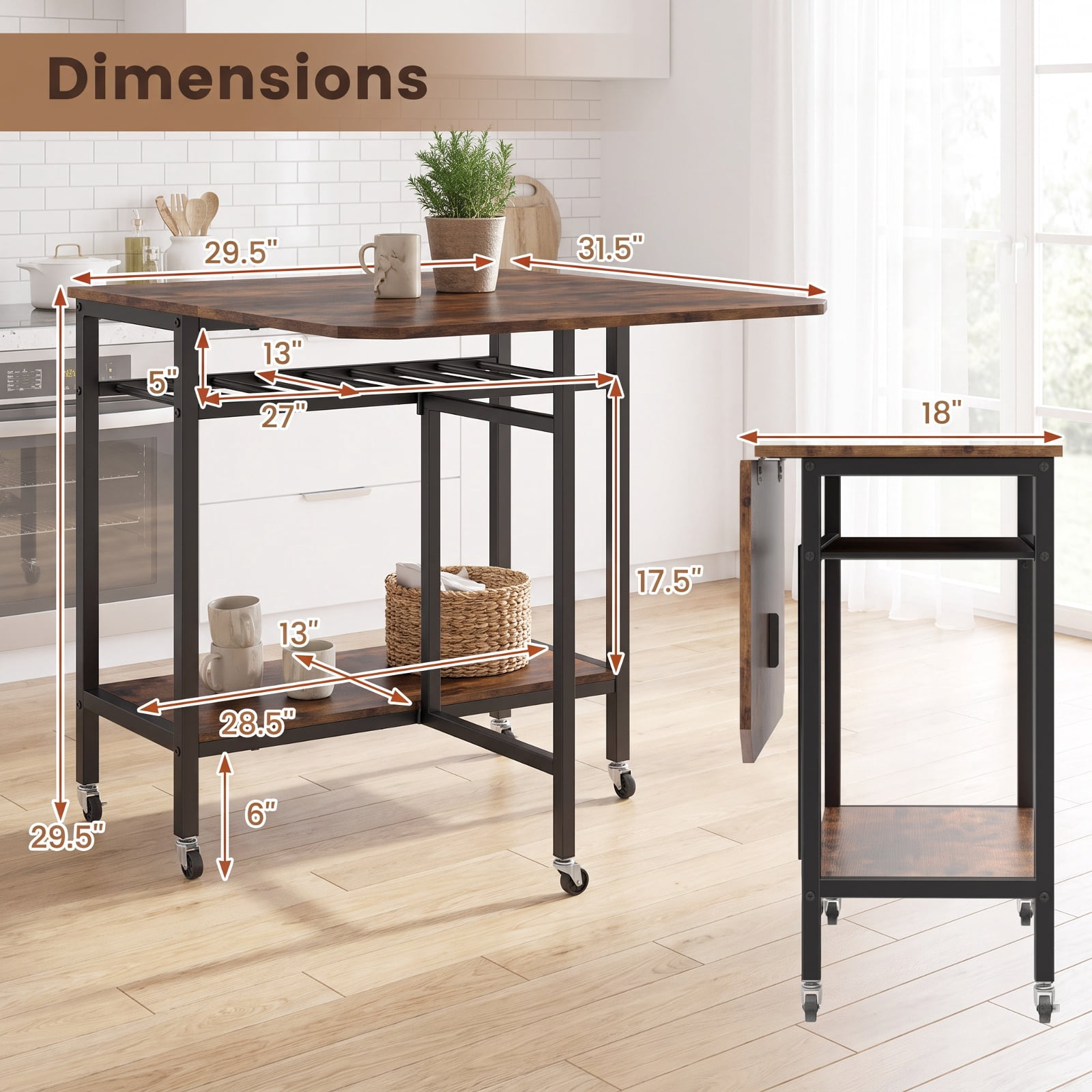 Furnibear Folding Dining Table with Expandable Laptop with Wine Rack and Wheels for Kitchen Dining Room Breakfast Nook Small Space Home, Rustic Brown