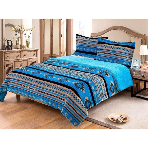 QUEEN Blanket 3 Pc Set Sherpa Fleece Southwest Turquoise Aztec Design