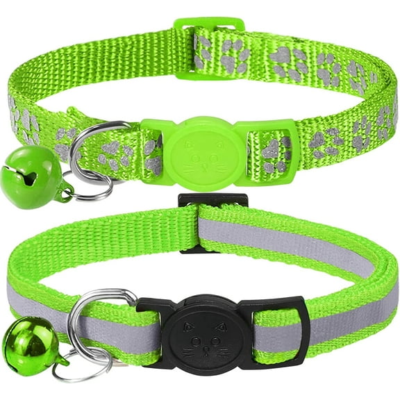 Reflective Cat Collars Breakaway with Bell, 2 Pack Girl Boy Pet Kitten Collar Adjustable 6-8 Inch, Green