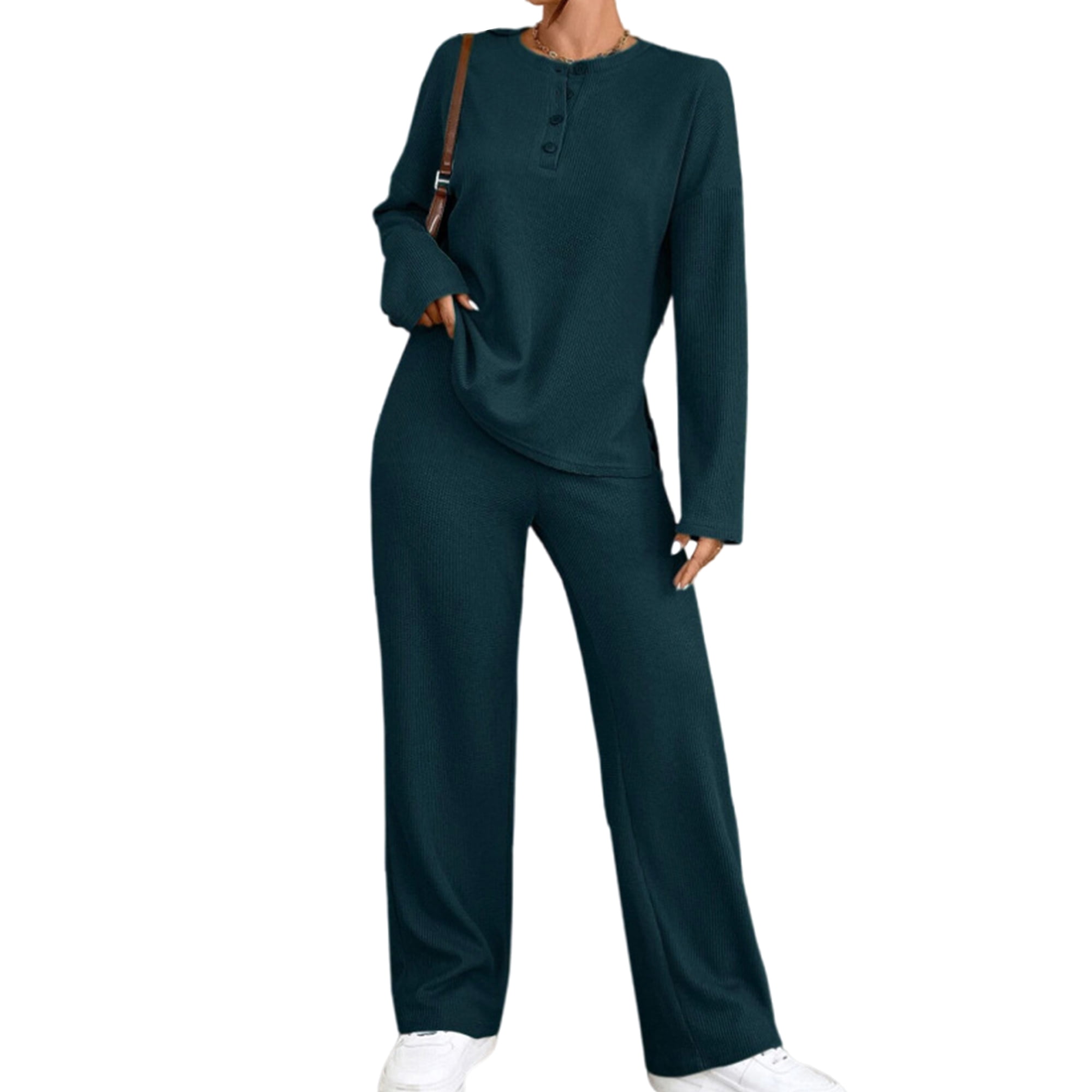 Avamo Ladies Tracksuit Set Long Sleeve Sweatsuit Knitting Jogger Sets Casual Two Piece Outfit Home Sweatshirt And Sweatpant Dark Green M