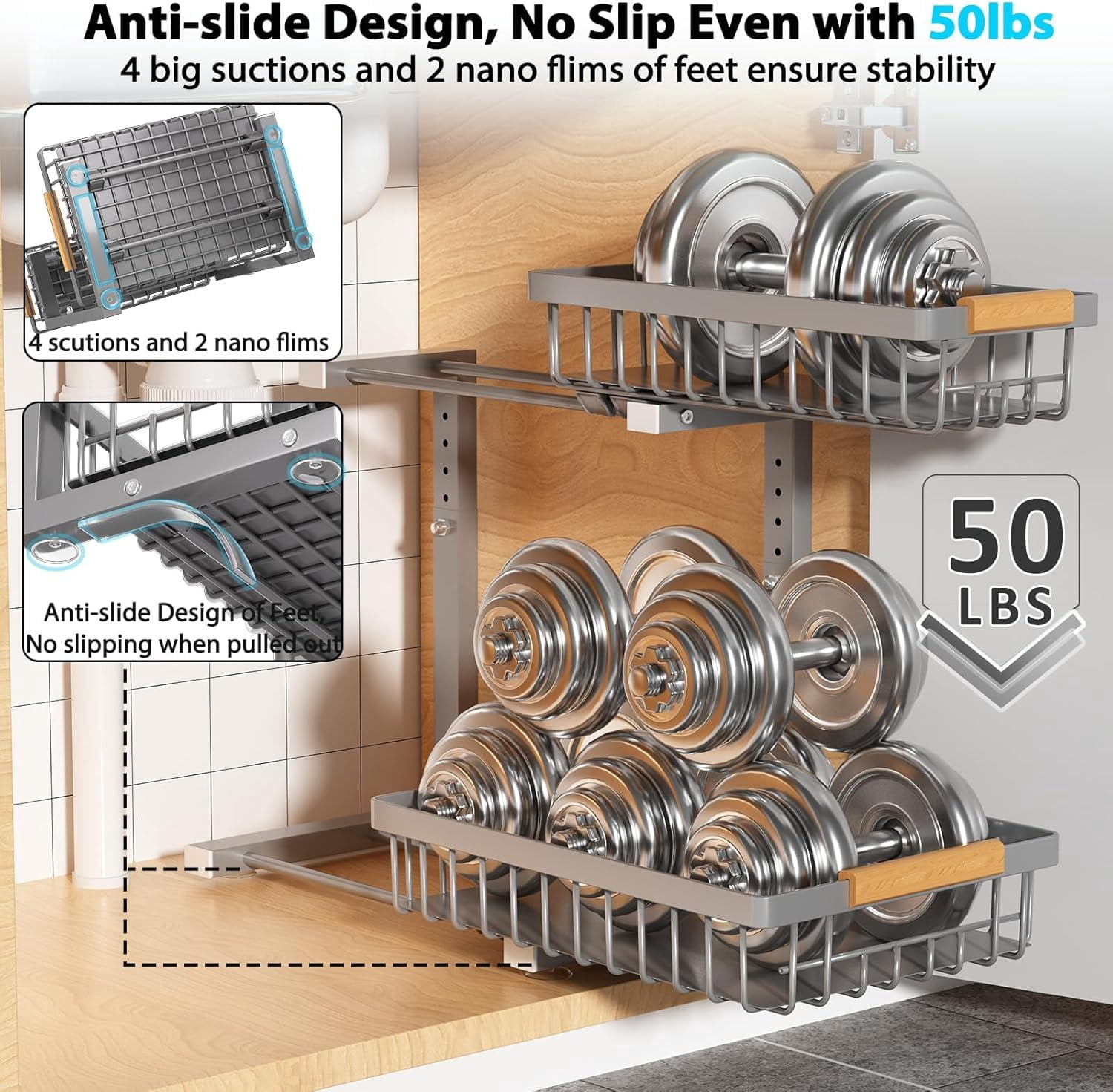 Under Sink Organizer Storage 2 Pack, 2 Tier Slide Out Height Adjustable Pull Out Cabinet Organizer Drawer for Kitchen Bathroom Large Under Sink Shelf Rack Caddy Grey