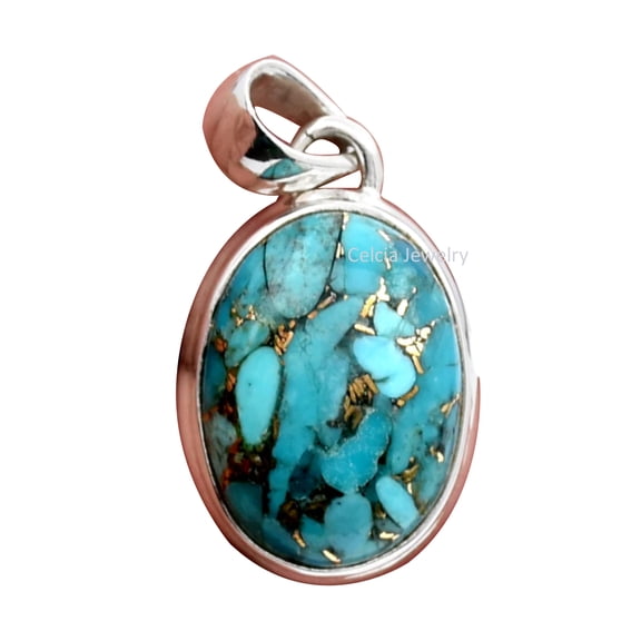 Solid 925 Sterling Silver Pendant For Men Women, Natural Blue Copper Turquoise Oval Gemstone Amazing Handcrafted Pendant For Her Him